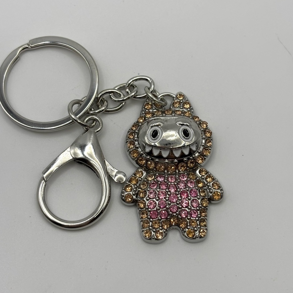 Monsters Pink & Champagne Crystal Silver tone Bag Charm Keychain